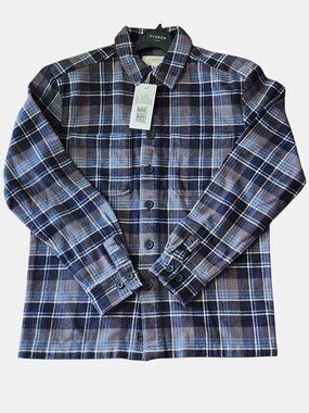 NEW Hudson North Men's Plaid Cotton Shirt Charcoal/Navy Front Pockets Small